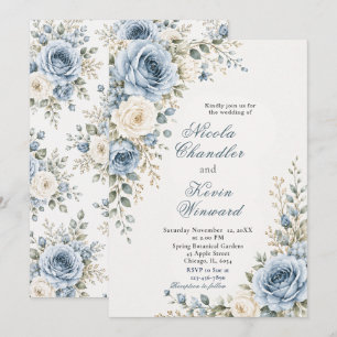 Invitación Boda de azul polvoriento y dorado
