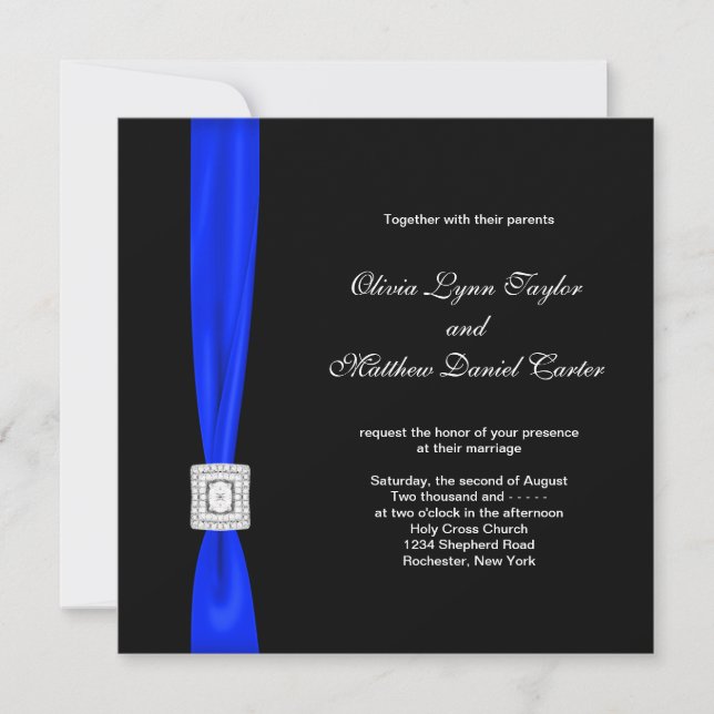 Invitación Boda de azul real y negro (Anverso)