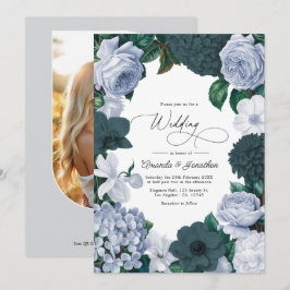 Invitación Boda de Azul Teñido, Azul Niebla y Blanco Perla