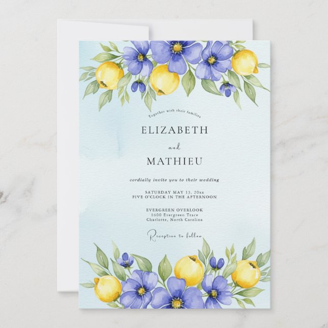 Invitación Boda de Azul Vivaz Citrus Violeta Periwinkle (Anverso)