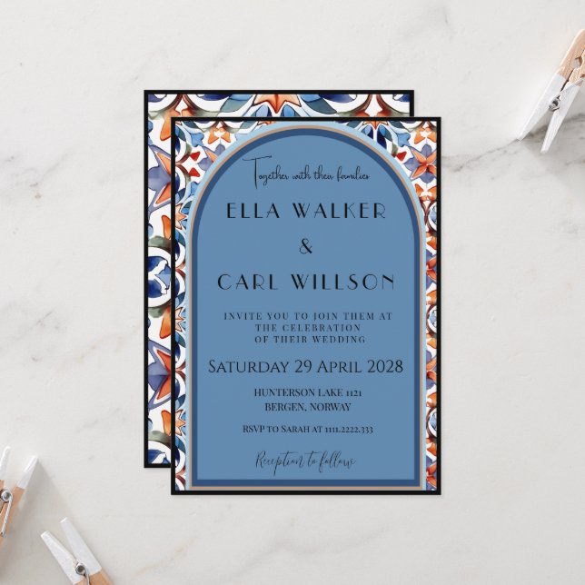 Invitación Boda de azulejo azul claro y chic (Anverso/Reverso In Situ)