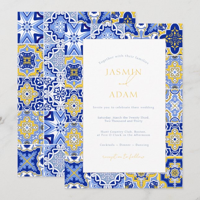 Invitación Boda de Azulejo Azul Mediterráneo (Anverso / Reverso)