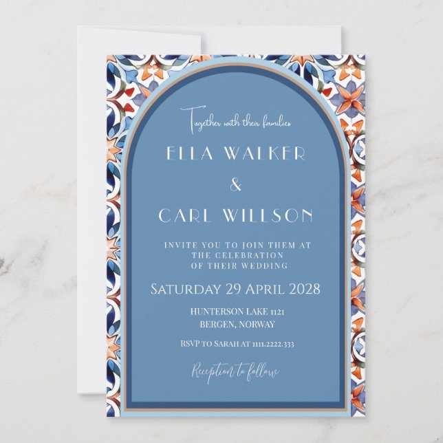 Invitación Boda de azulejo chic y azul claro (Anverso)