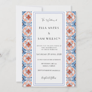 Invitación Boda de azulejo de patrón rojo y azul elegante