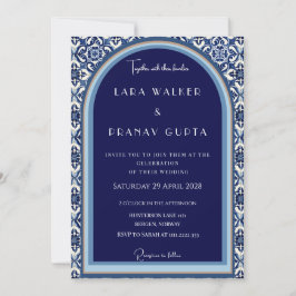 Invitación Boda de azulejo español azul clásico