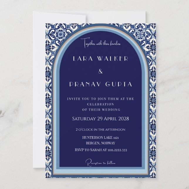 Invitación Boda de azulejo español azul clásico  (Anverso)