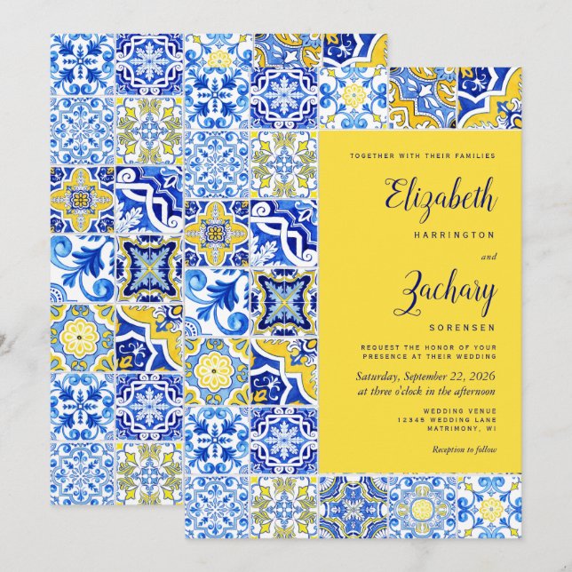 Invitación Boda de Azulejo Portugués Rústico Azul Amarillo (Anverso / Reverso)