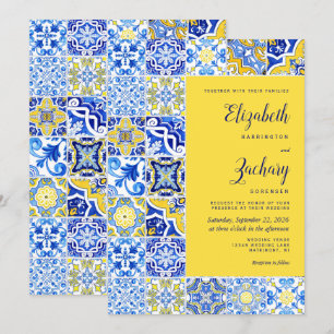 Invitación Boda de Azulejo Portugués Rústico Azul Amarillo