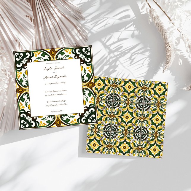 Invitación Boda de azulejos adornados del Mediterráneo amaril (Green yellow Portuguese Mediterranean folk art art ornate tile wedding Invitation template download)