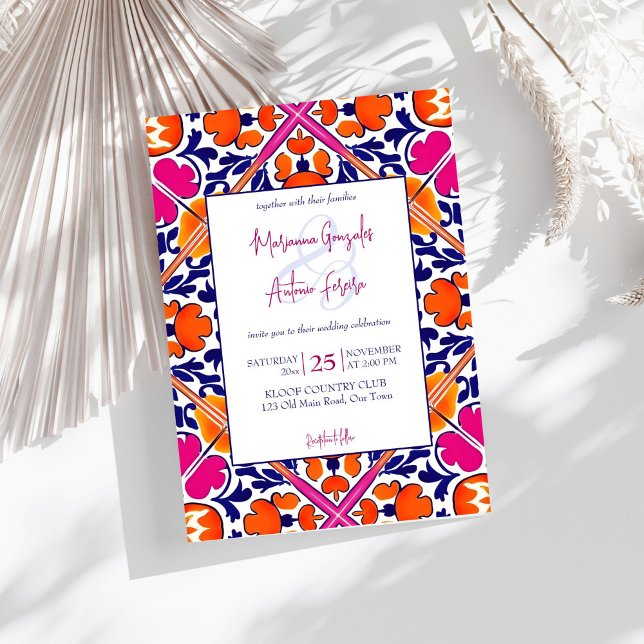 Invitación Boda de azulejos azul naranja rosa mexicano (Pink orange blue Mexican Talavera Azulejo tiles wedding Invitation editable template instant downloa)