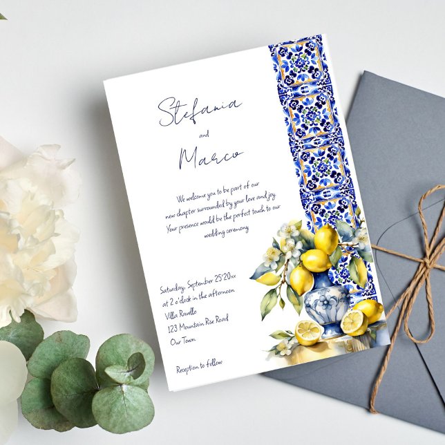 Invitación Boda de azulejos azules de Amalfi (Amalfi Italian blue tiles lemons wedding Invitation editable template digital download casual script)