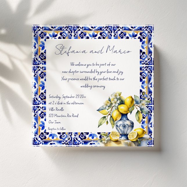 Invitación Boda de azulejos azules de Amalfi (Amalfi Italian blue tiles lemons wedding Invitation template instant download blue ceramic vase)