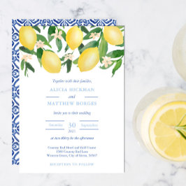 Invitación Boda de azulejos azules de época Amalfi Zesty Lemo