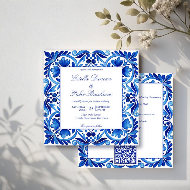 Invitación Boda de azulejos azules de la época de Talavera Az (Vintage Talavera Azul blue tiles Mexican wedding Invitation cards with RSVP editable template)