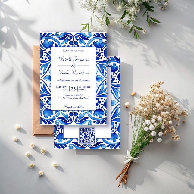 Invitación Boda de azulejos azules de la época de Talavera Az (Vintage Talavera Azulejo blue tiles Mexican wedding Invitations with RSVP editable template )