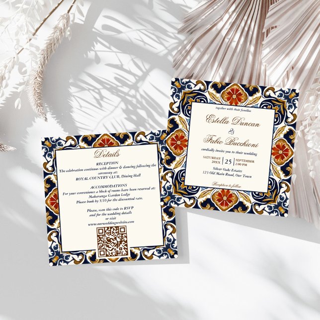 Invitación Boda de azulejos azules de la época de Talavera Az (Vintage Talavera Azulejo Mediterranean blue tiles all in one wedding Invitation template digital)
