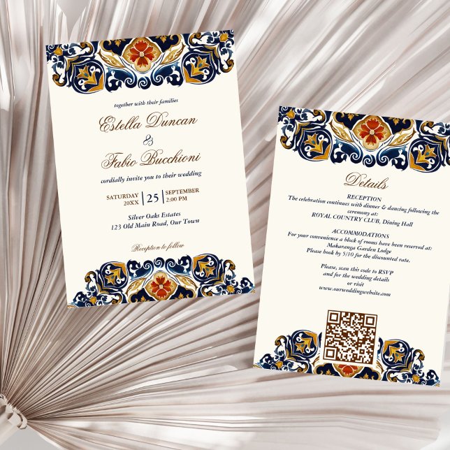 Invitación Boda de azulejos azules de la época de Talavera Az (Vintage Talavera Azulejo blue tiles Mediterranean Spanish Mexican all in one wedding Invitation)