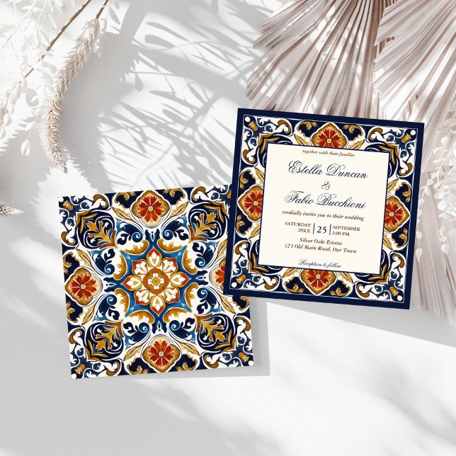 Invitación Boda de azulejos azules de la época de Talavera Az (Vintage Talavera Azulejo Mediterranean blue tiles wedding Invitation editable template download)