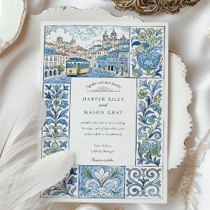 Invitación Boda de Azulejos color de agua Lisboa pintado a ma