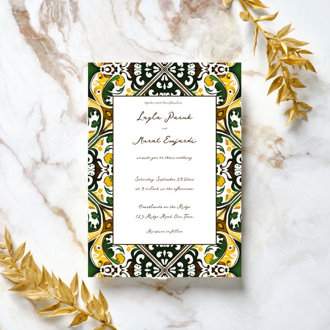Invitación Boda de azulejos de Talavera amarillo verde (Green yellow vintage Mediterranean ornament tile wedding Invitation template digital download)