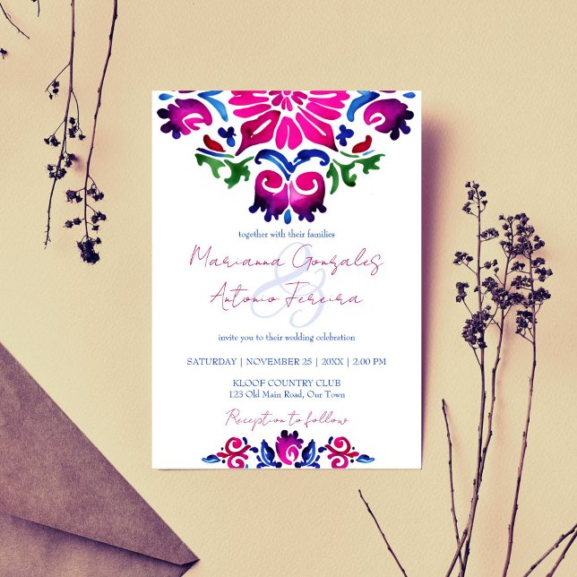 Invitación Boda de azulejos de talavera mexicana rosa (Pink blue Mexican talavera tile wedding Invitation template digital download bold color folk pattern)