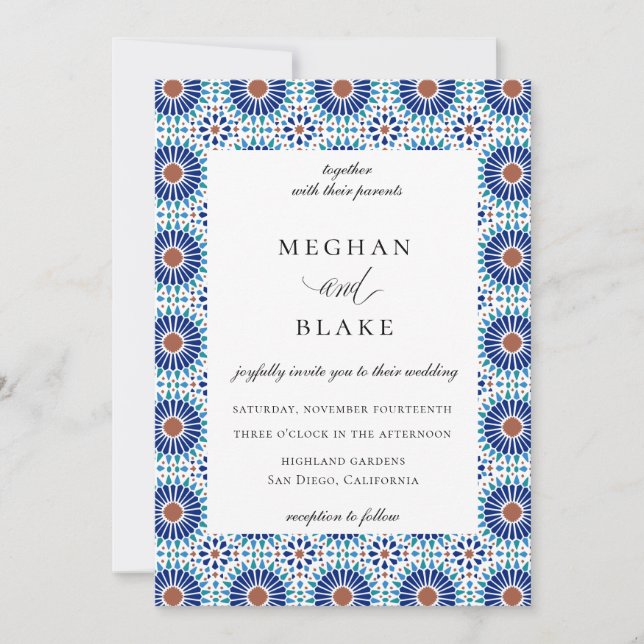 Invitación Boda de azulejos geométricos rústicos chic español (Anverso)