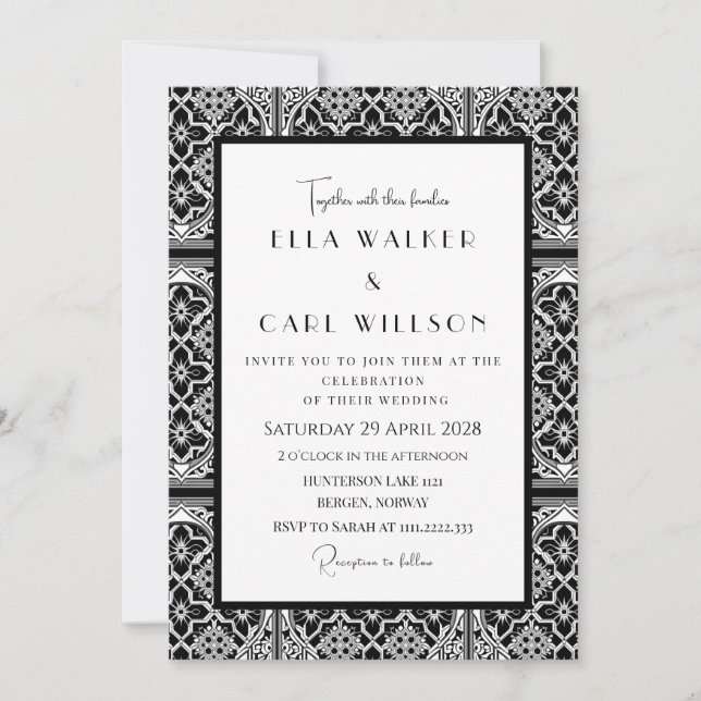 Invitación Boda De Azulejos Góticos De Lujo Negro Y Blanco (Anverso)