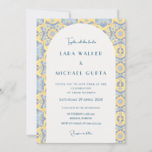 Invitación Boda de azulejos italianos amarillos y azules bril