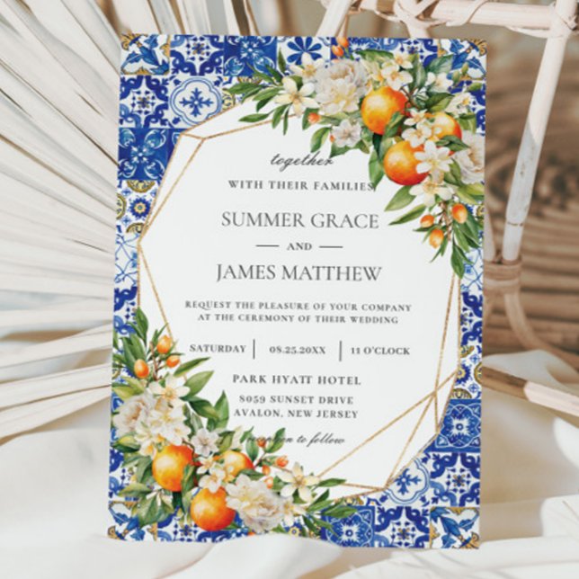 Invitación Boda de azulejos mediterráneos con flores de fruta (Subido por el creador)
