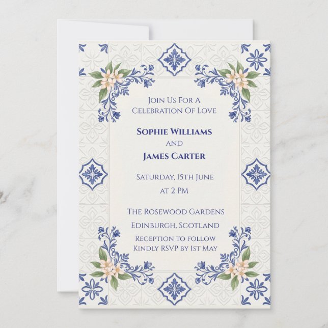 Invitación Boda de Baldosa Folk Azul (Anverso)