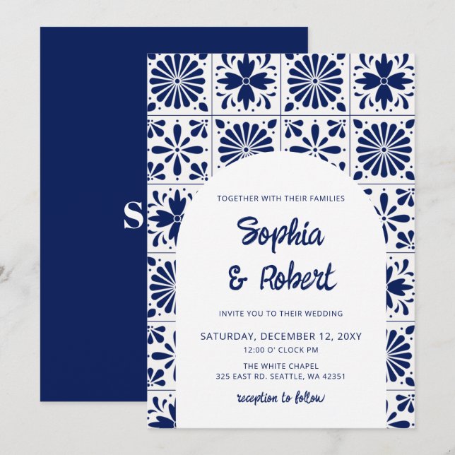 Invitación Boda de Baldosas de Talavera Azul de México (Anverso / Reverso)
