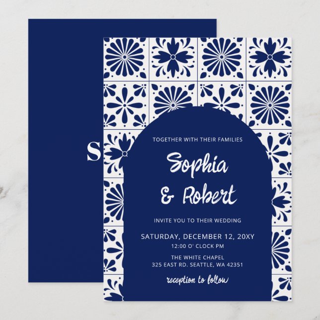 Invitación Boda de Baldosas de Talavera Azul de México (Anverso / Reverso)