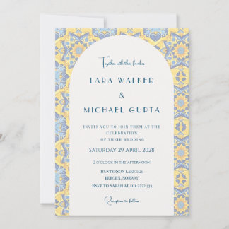 Invitación Boda de baldosas italianas amarillas y azul brilla