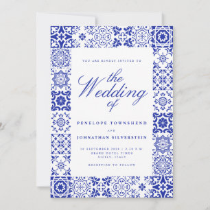Invitación Boda de baldosas italianas de guión blanco azul