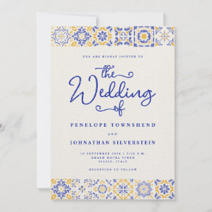 Invitación Boda de baldosas italianas de guión blanco azul