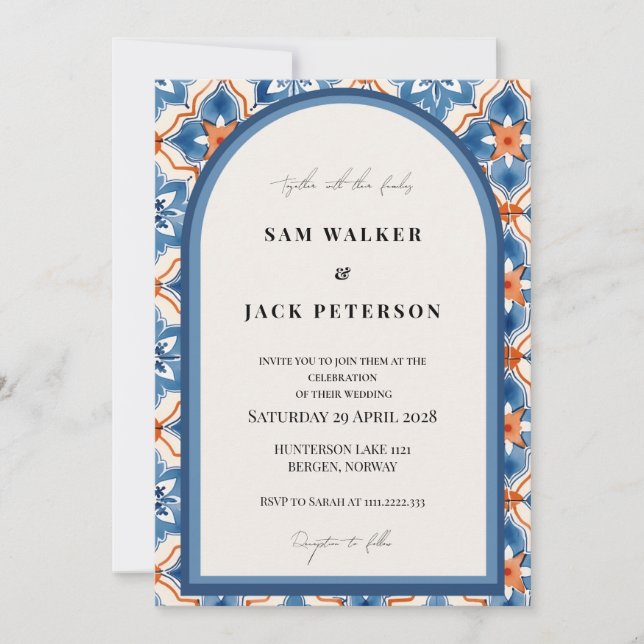 Invitación Boda De Baldosas Marroquíes De Verano Azul Rojo Y  (Anverso)