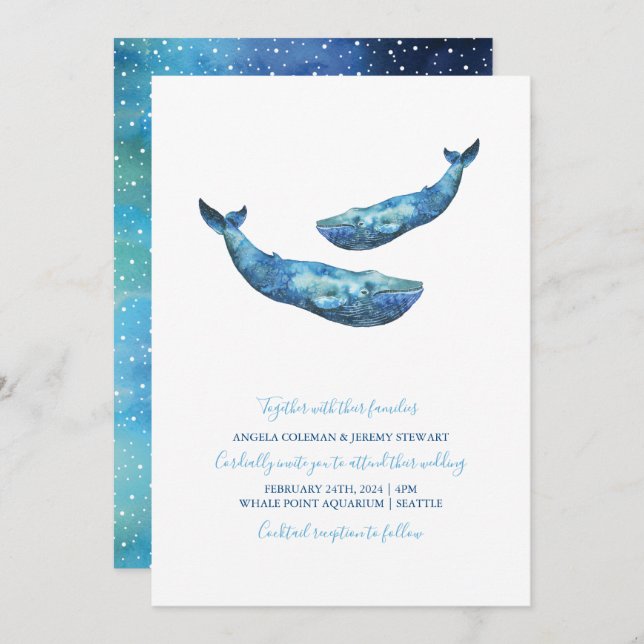 Invitación Boda de ballena azul acuarela (Anverso / Reverso)