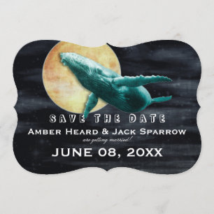 Invitación Boda de ballena volando a la luna, guarde la fecha