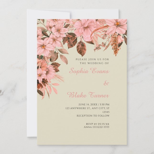 Invitación Boda de bambú floral rosa boho otoño (Anverso)