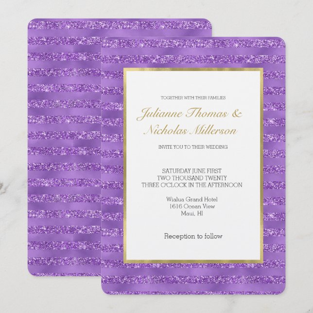 Invitación Boda de bandas Purpurinoso moradas (Anverso / Reverso)
