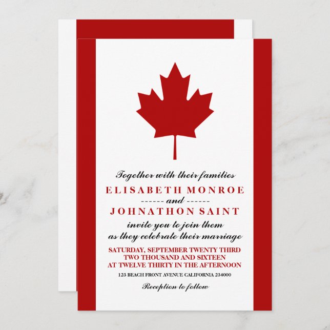Invitación Boda de Bandera de Canadá (Anverso / Reverso)
