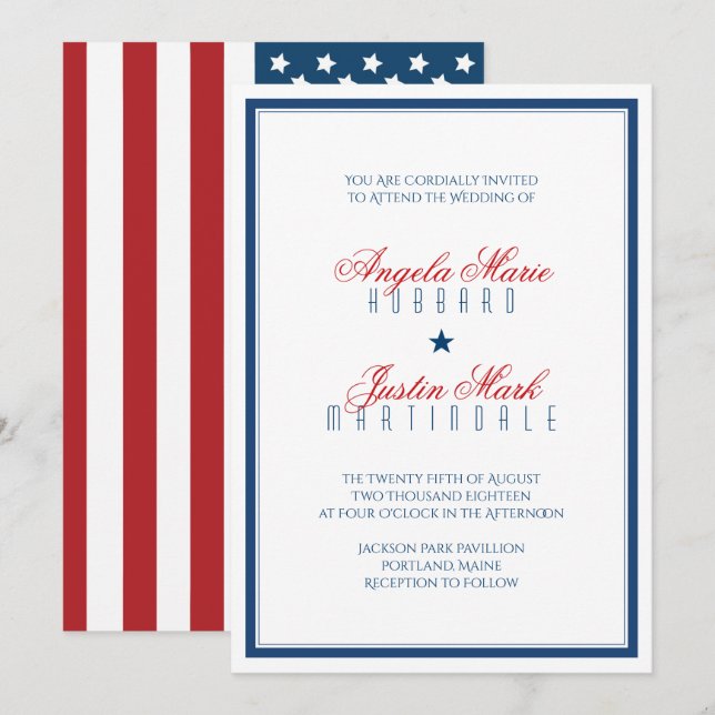 Invitación Boda de bandera patriótica de Estados Unidos (Anverso / Reverso)