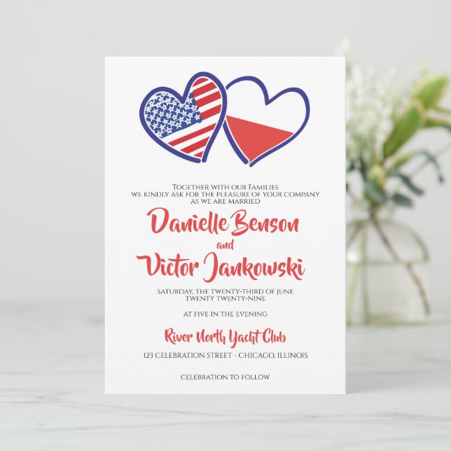 Invitación Boda de Banderas Corazales Norteamericanas Polacas (Anverso de pie)