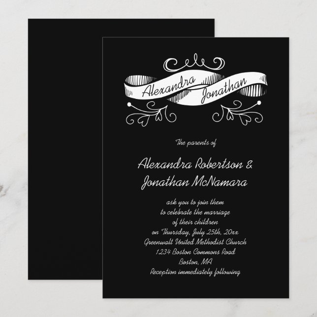 Invitación Boda de banner blanco y negro| (Anverso / Reverso)