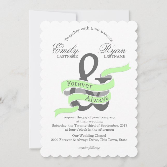 Invitación Boda de banners de cinta siempre verde (Anverso)
