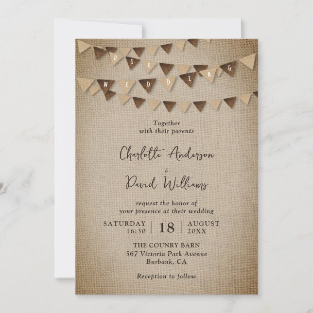 Invitación Boda de Banners Rústicos Burlap (Anverso)