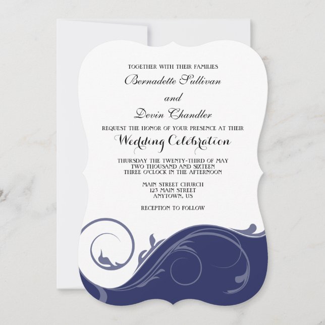 Invitación Boda De Barniz Floral Azul De La Marina Invita A (Anverso)