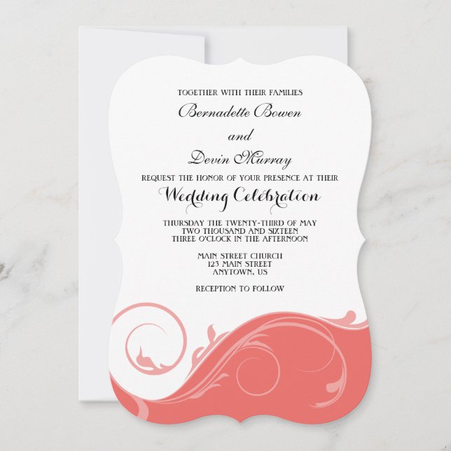Invitación Boda De Barniz Floral De Coral Rosa Invita A (Anverso)