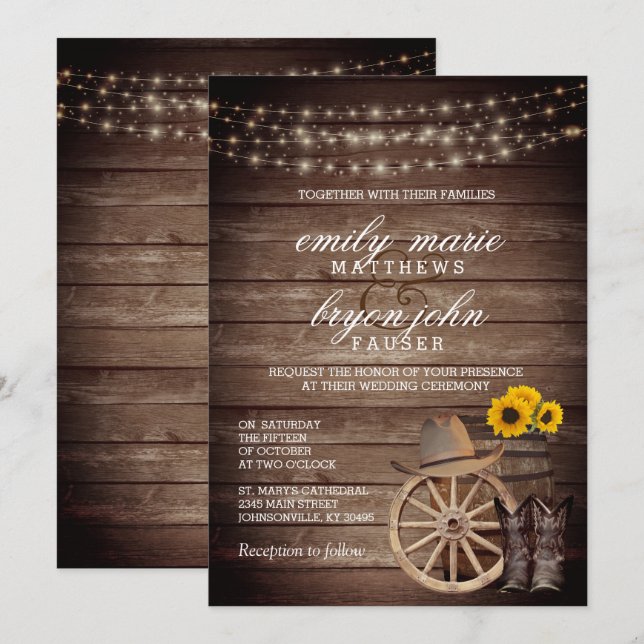 Invitación Boda de barril de madera de campo con girasoles (Anverso / Reverso)