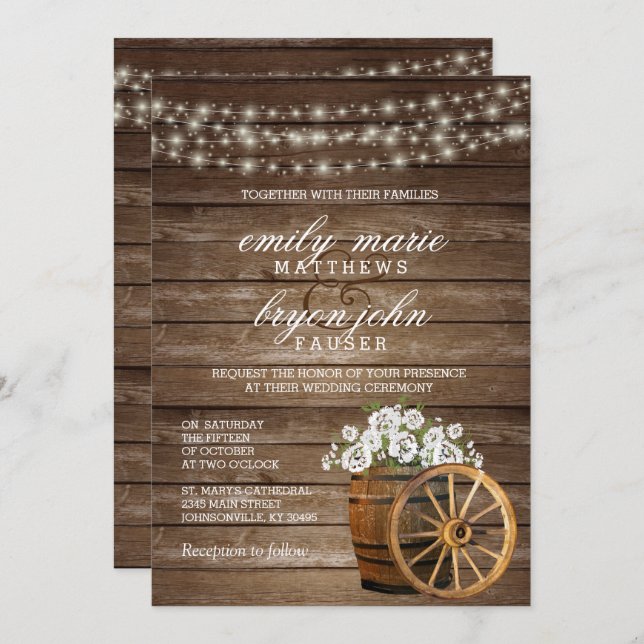 Invitación Boda de barril de madera rústica con flor blanca (Anverso / Reverso)